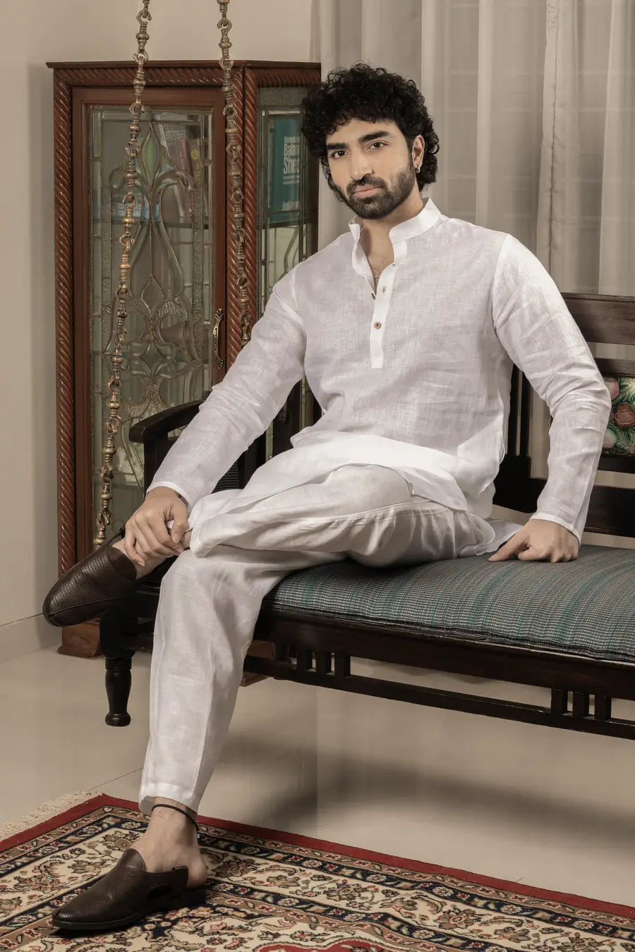 100% Linen Plain White Mandarin Collar Long Kurta