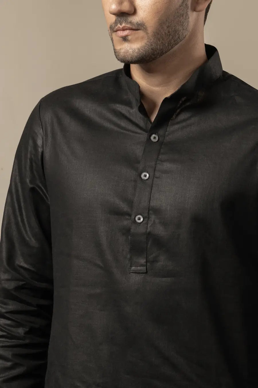 Cotton Linen Plain Black Mandarin Collar Long Kurta