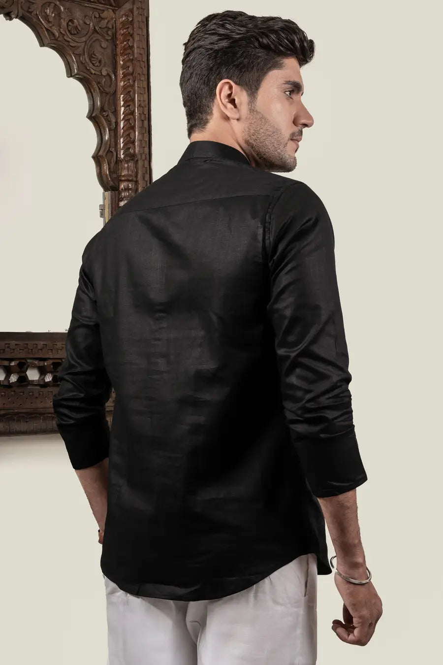 Cotton Linen Plain Black Mandarin Collar Short Kurta