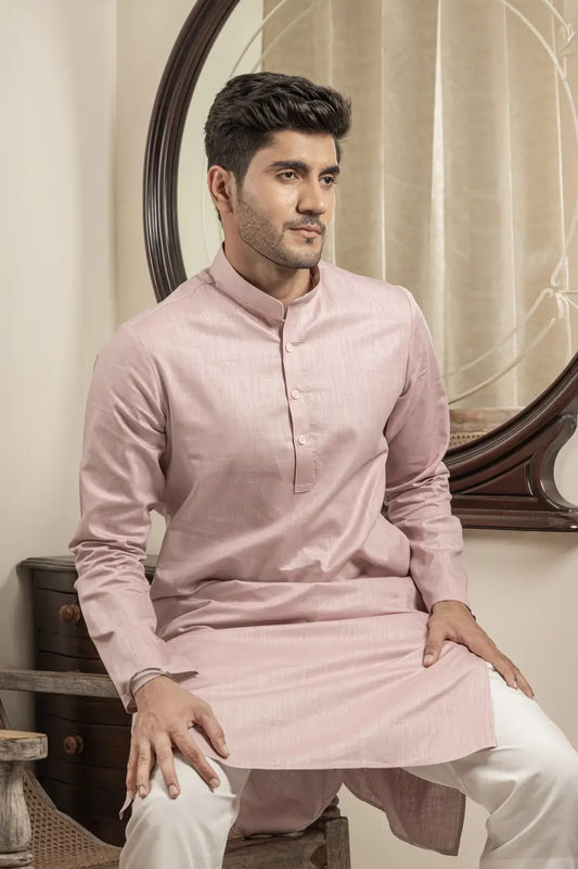 Cotton Linen Plain Dusty Pink Mandarin Collar Long Kurta