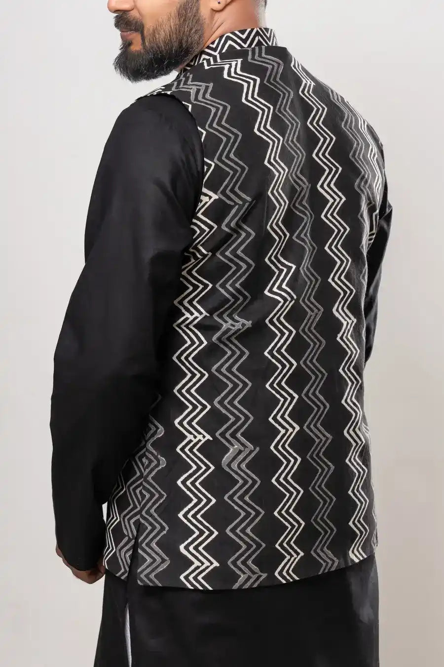 Cotton Black Ikat Horizontal Patterned Modi Jacket
