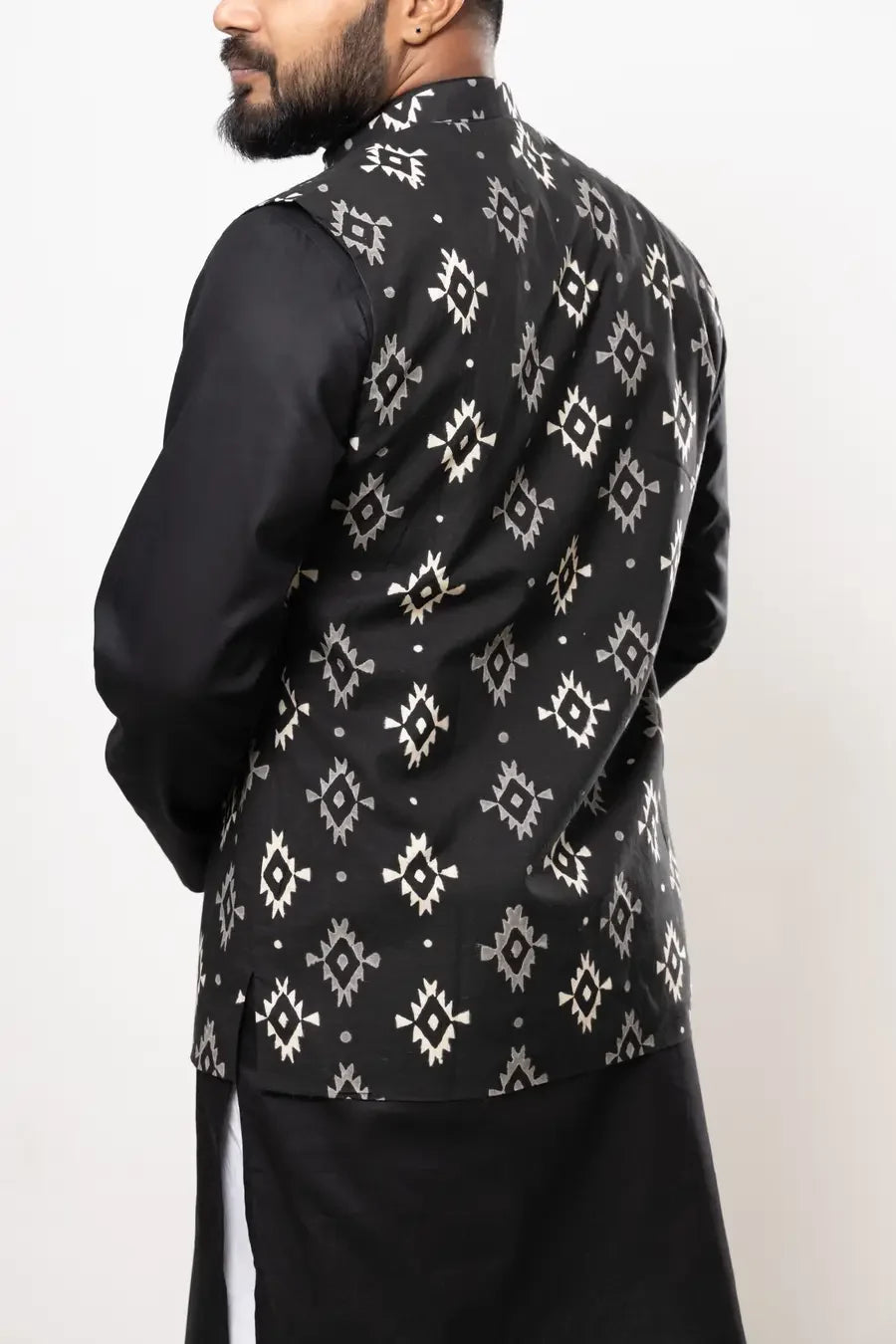 Cotton Black Handblock Patterned Modi Jacket