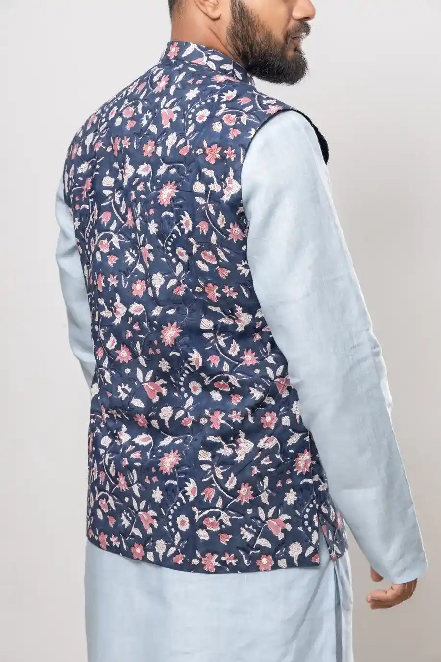 Cotton Navy Blue Bagru Print Modi Jacket