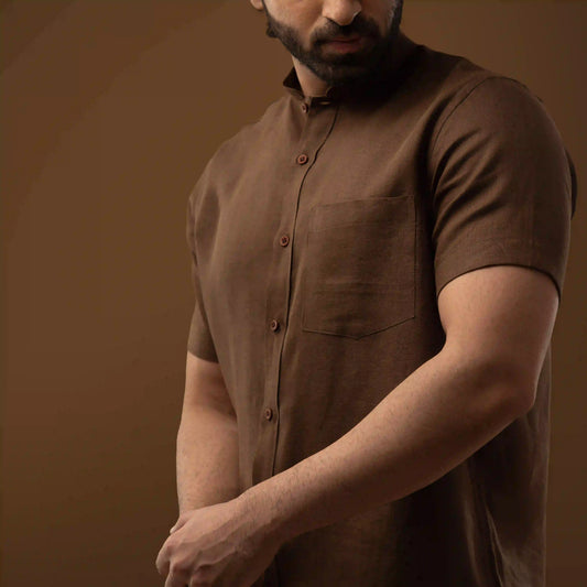 Cocoa Brown 100% Linen Mandarin Collar Half Sleeve Shirt