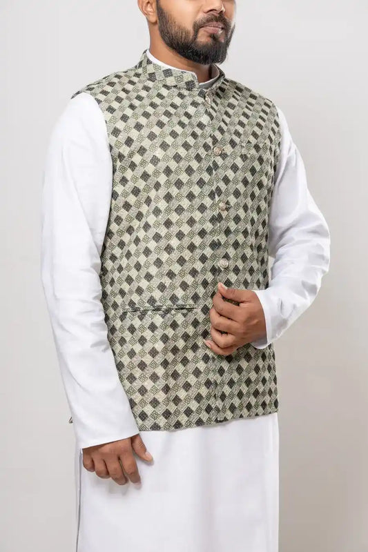 Cotton Olive Green Diamond Checkered Pattern Modi Jacket