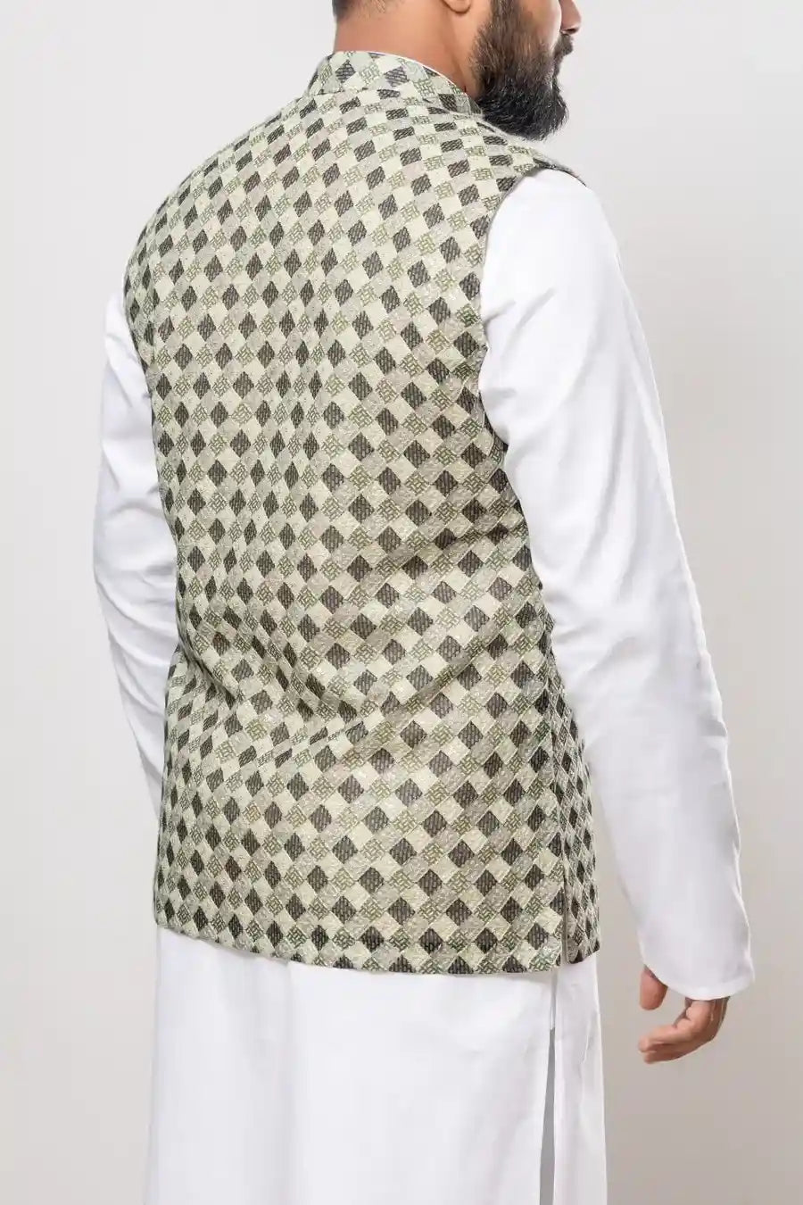 Cotton Olive Green Diamond Checkered Pattern Modi Jacket