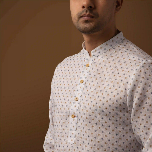 Minimal Pattern Cotton Linen Mandarin Collar Short Kurta