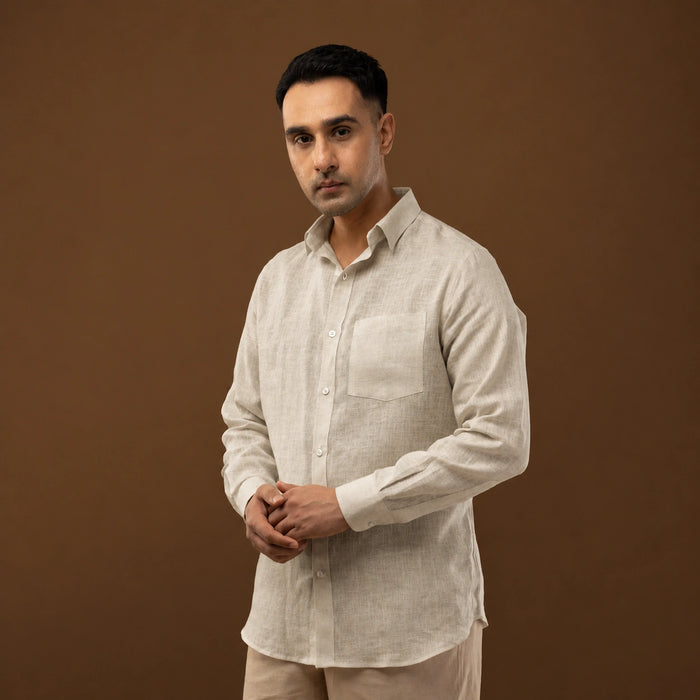100% linen plain natural shirt with wooden buttons and chest pocket