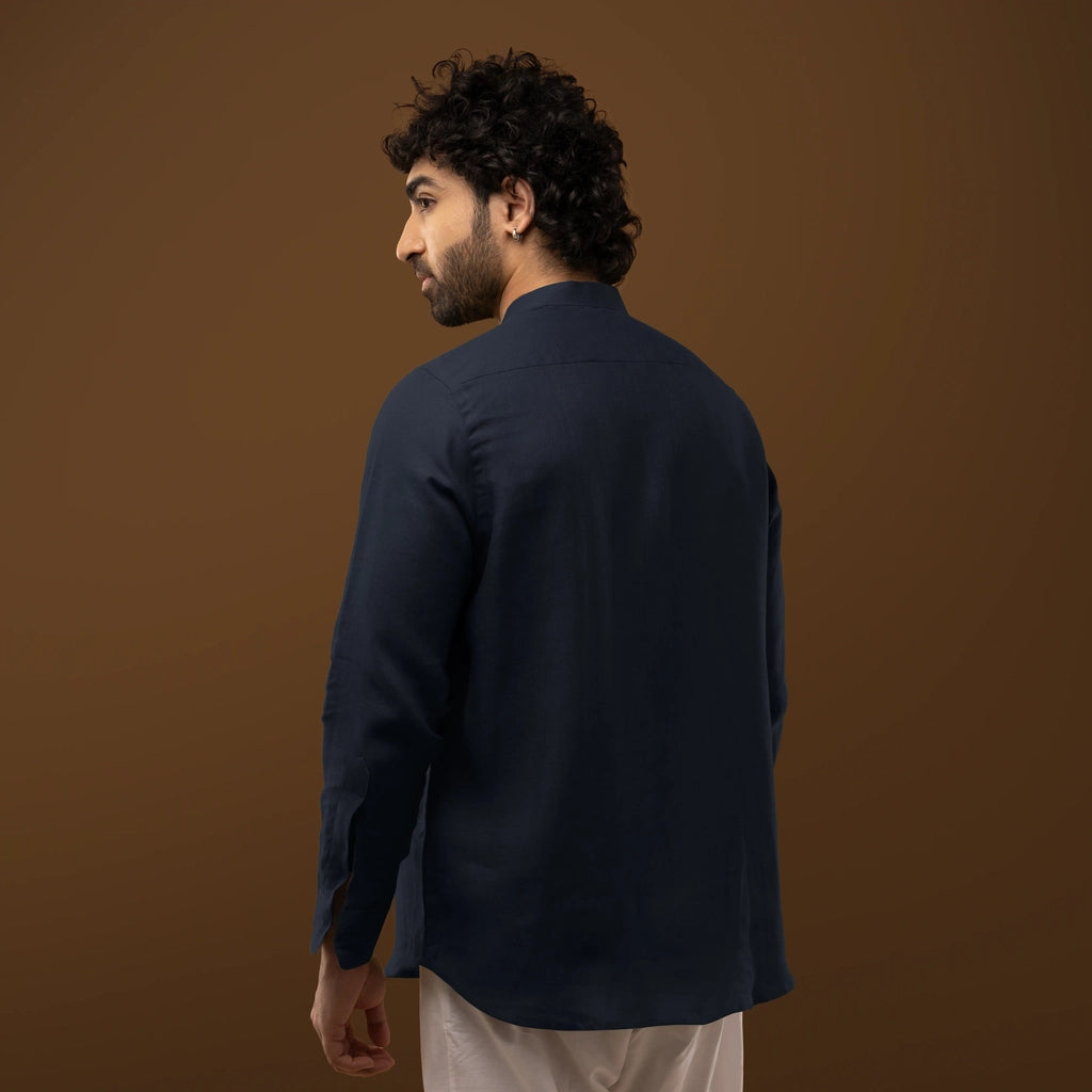 Midnight Navy Blue 100% Linen Full Sleeves Shirt