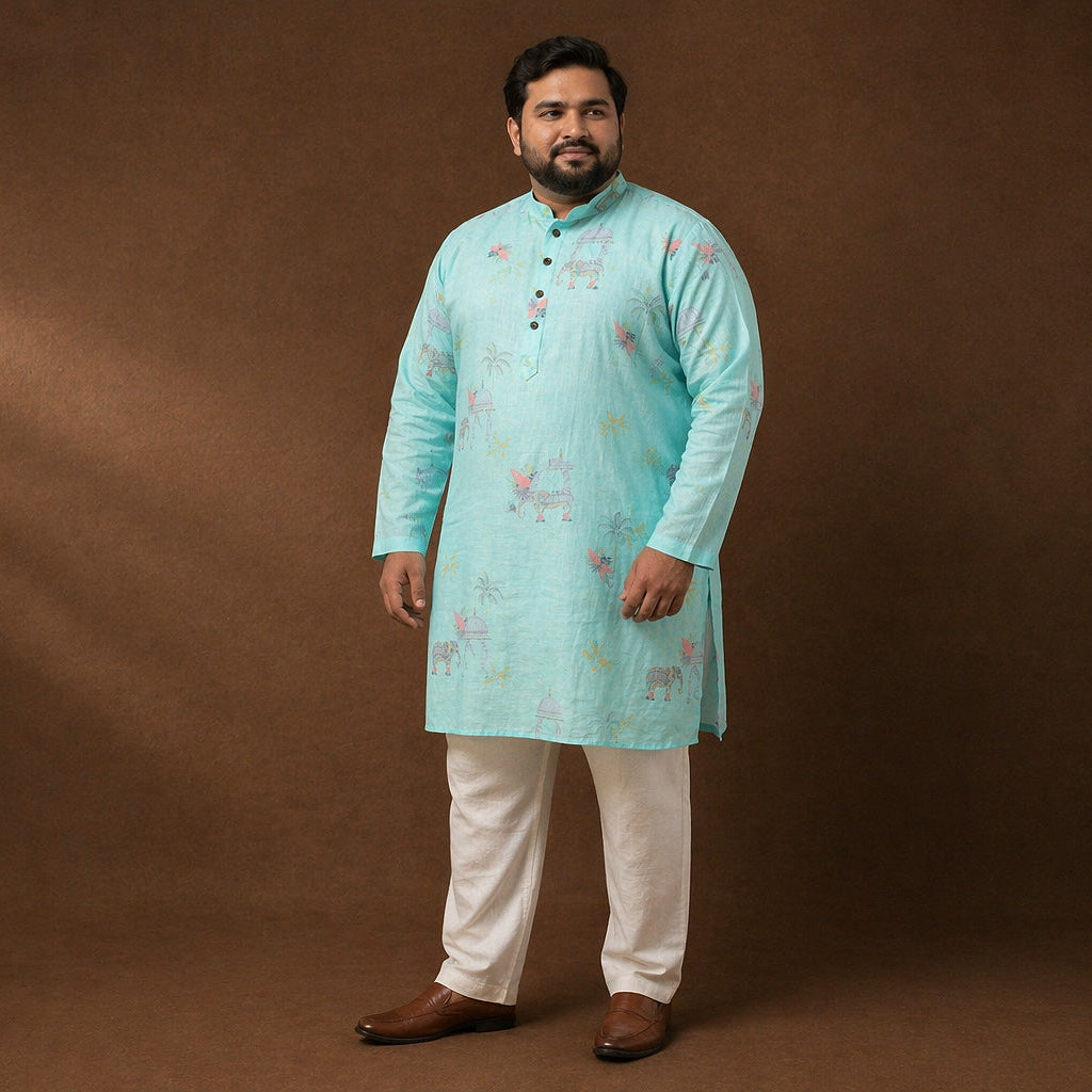 Man wearing a light blue kurta with white pants on a brown background