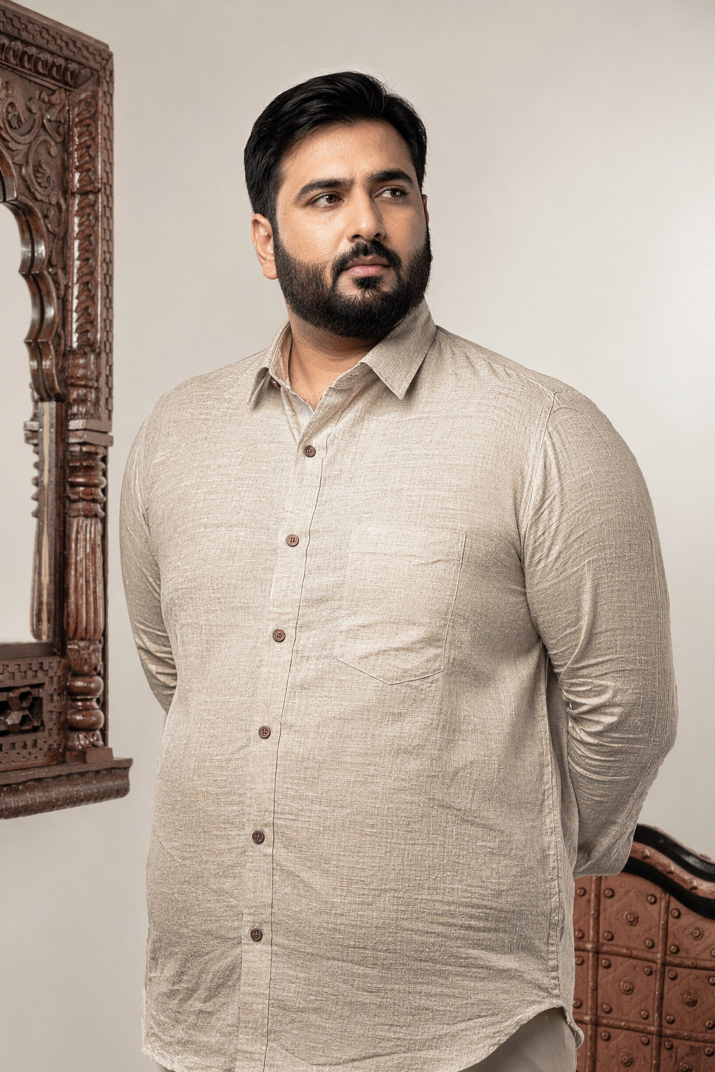 100% Linen Plain Natural Plus Size Full Sleeves Shirt