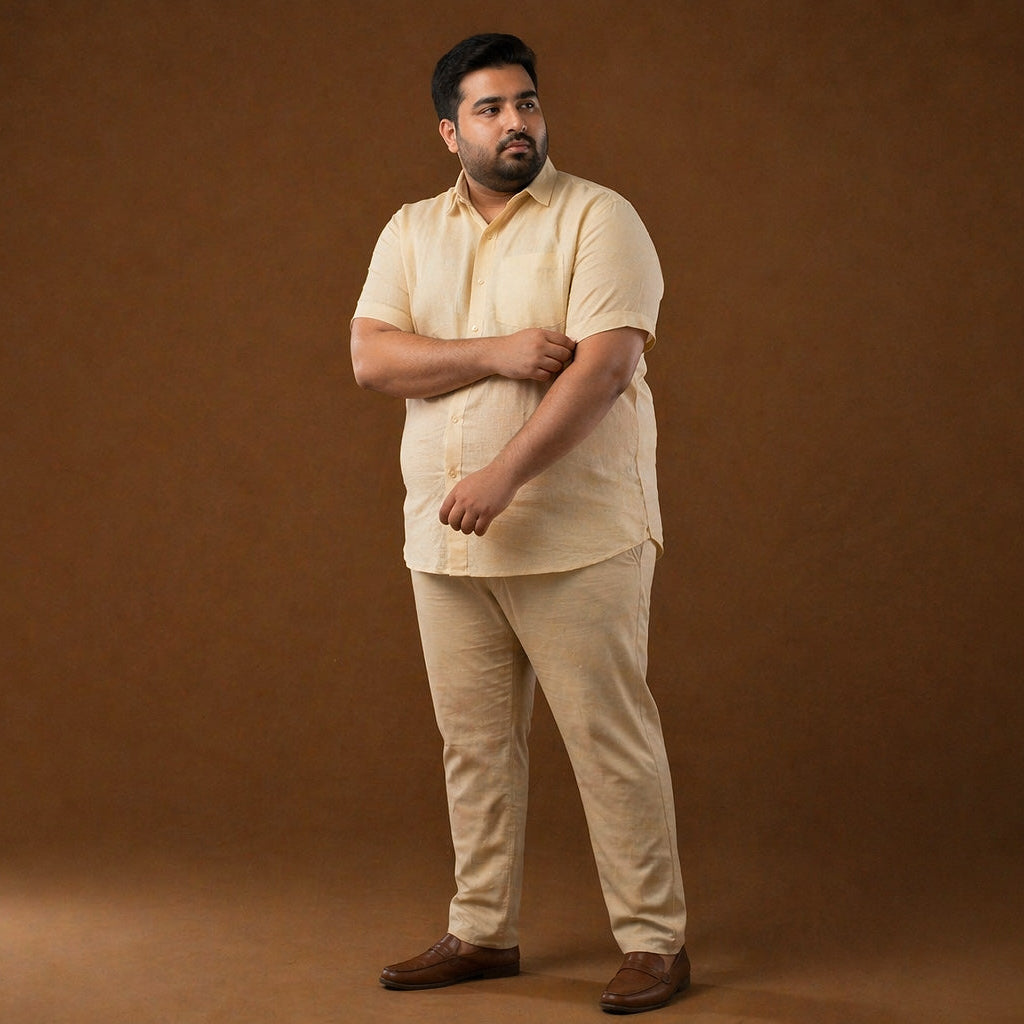 Solid Sand Beige 100% Linen Half Sleeve Plus Size Shirt