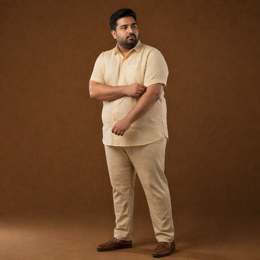 Solid Sand Beige 100% Linen Half Sleeve Plus Size Shirt