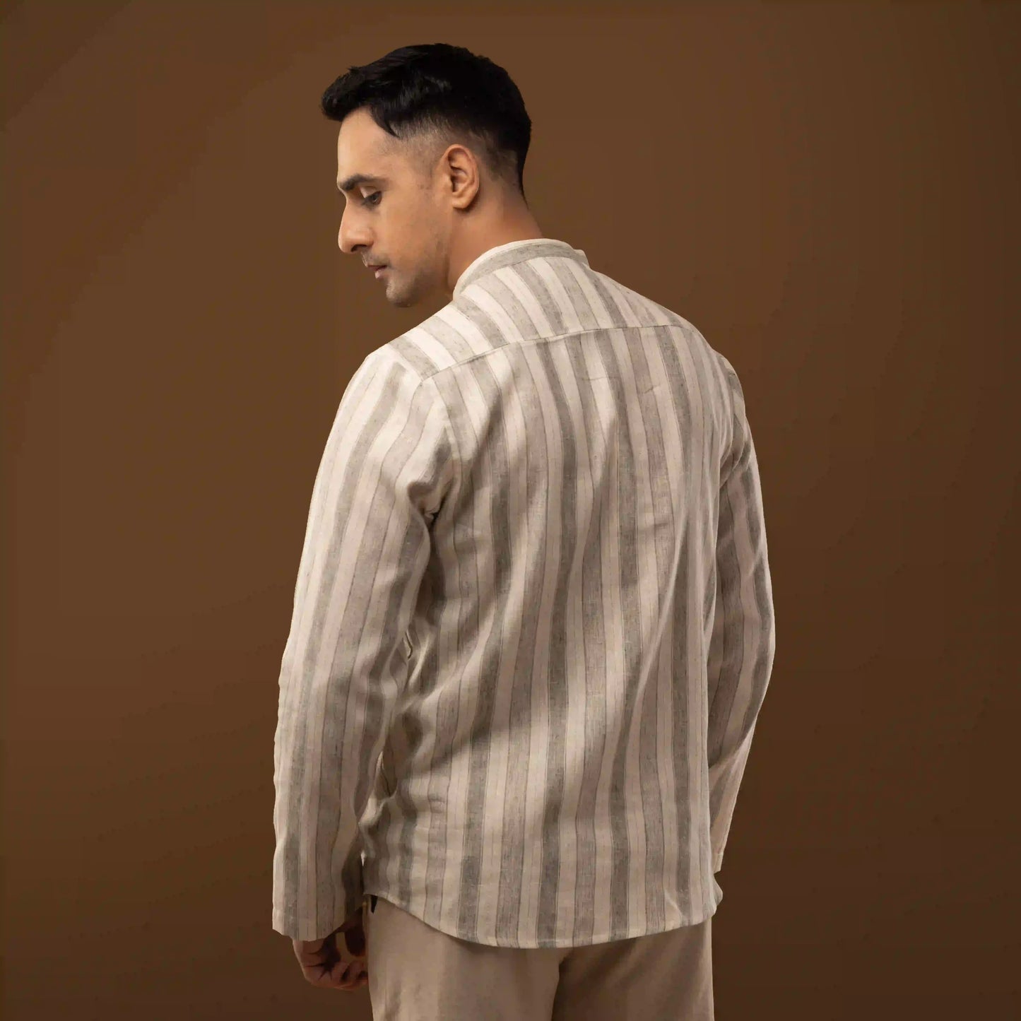 Stone Grey Striped Mandarin Collar Short Kurta