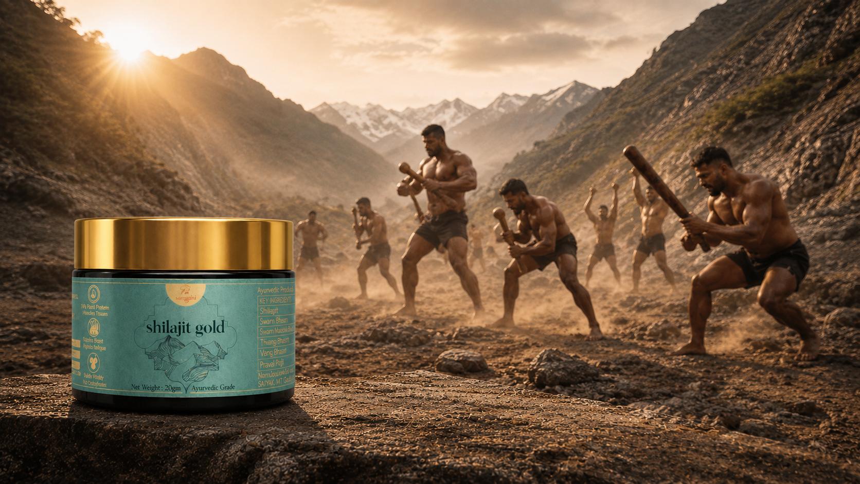 Shilajit Gold jar in the Himalayas with miners at work
