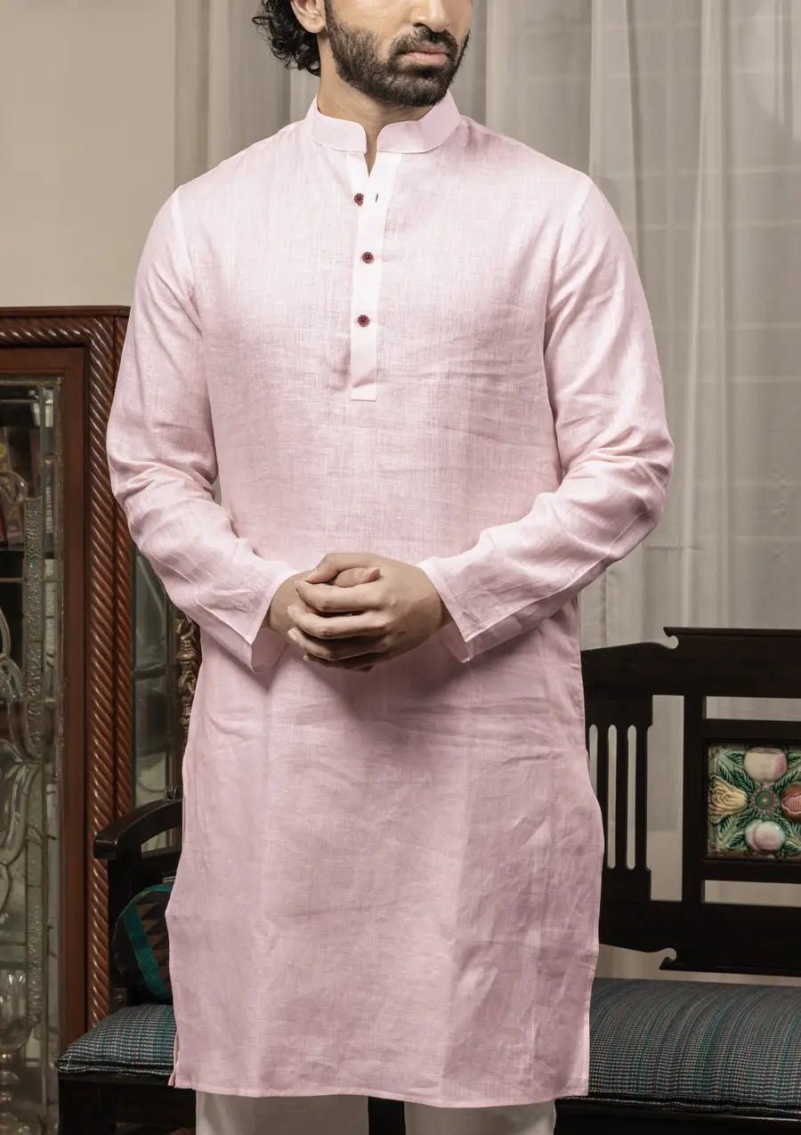 100% Linen Plain Baby Pink Mandarin Collar Long Kurta