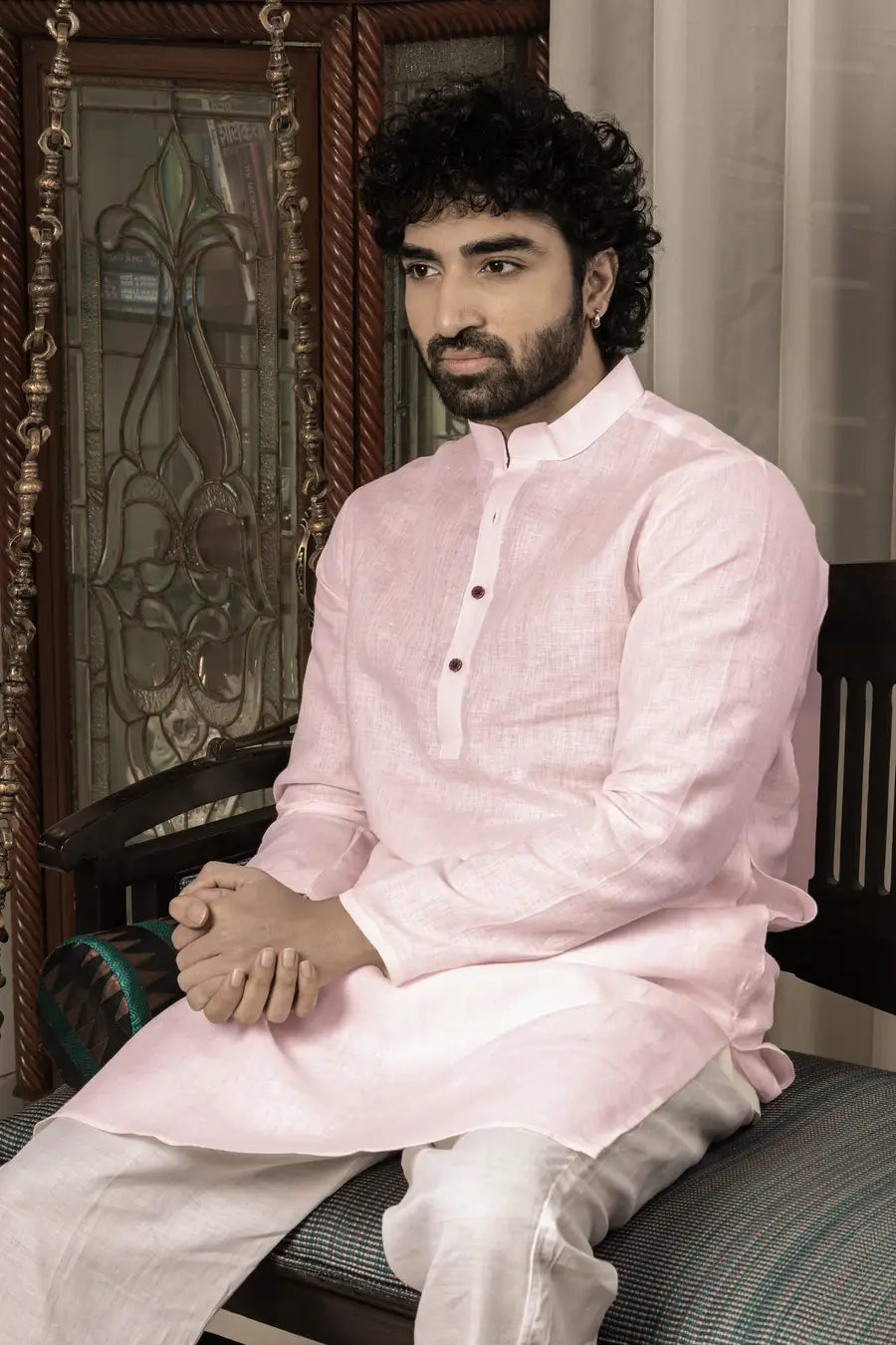 100% Linen Plain Baby Pink Mandarin Collar Long Kurta