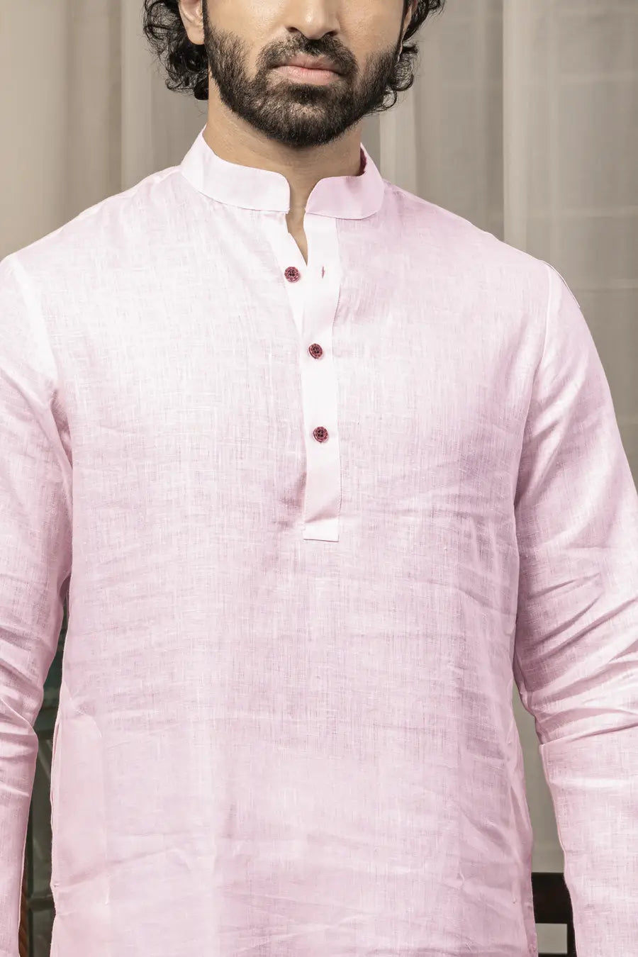 100% Linen Plain Baby Pink Mandarin Collar Long Kurta