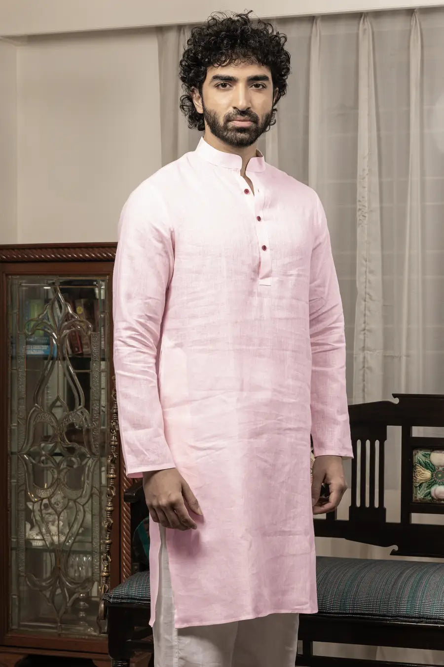 100% Linen Plain Baby Pink Mandarin Collar Long Kurta