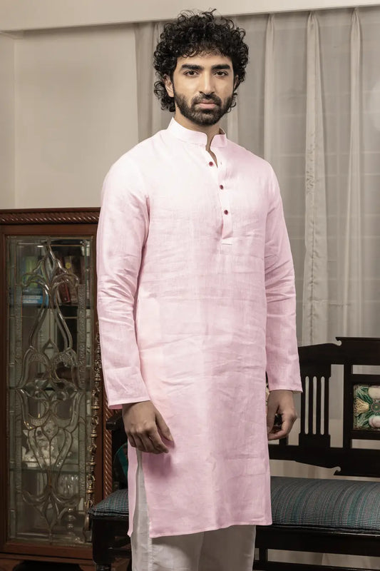 100% Linen Plain Baby Pink Mandarin Collar Long Kurta