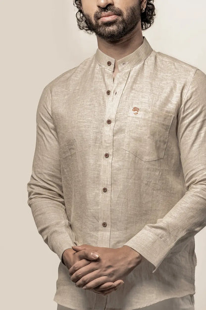 100% Linen Plain Natural Mandarin Collar Shirt