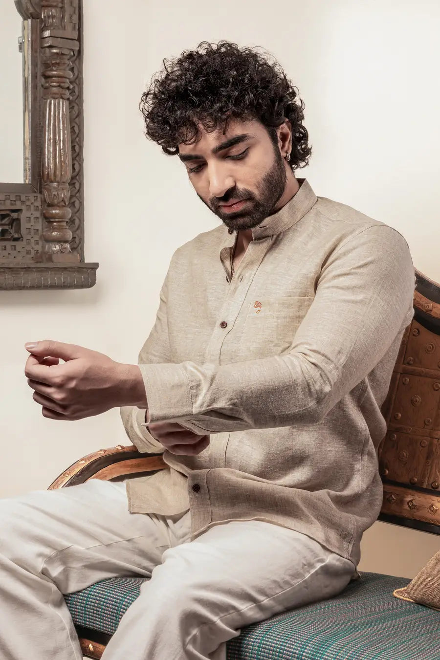 100% Linen Plain Natural Mandarin Collar Shirt