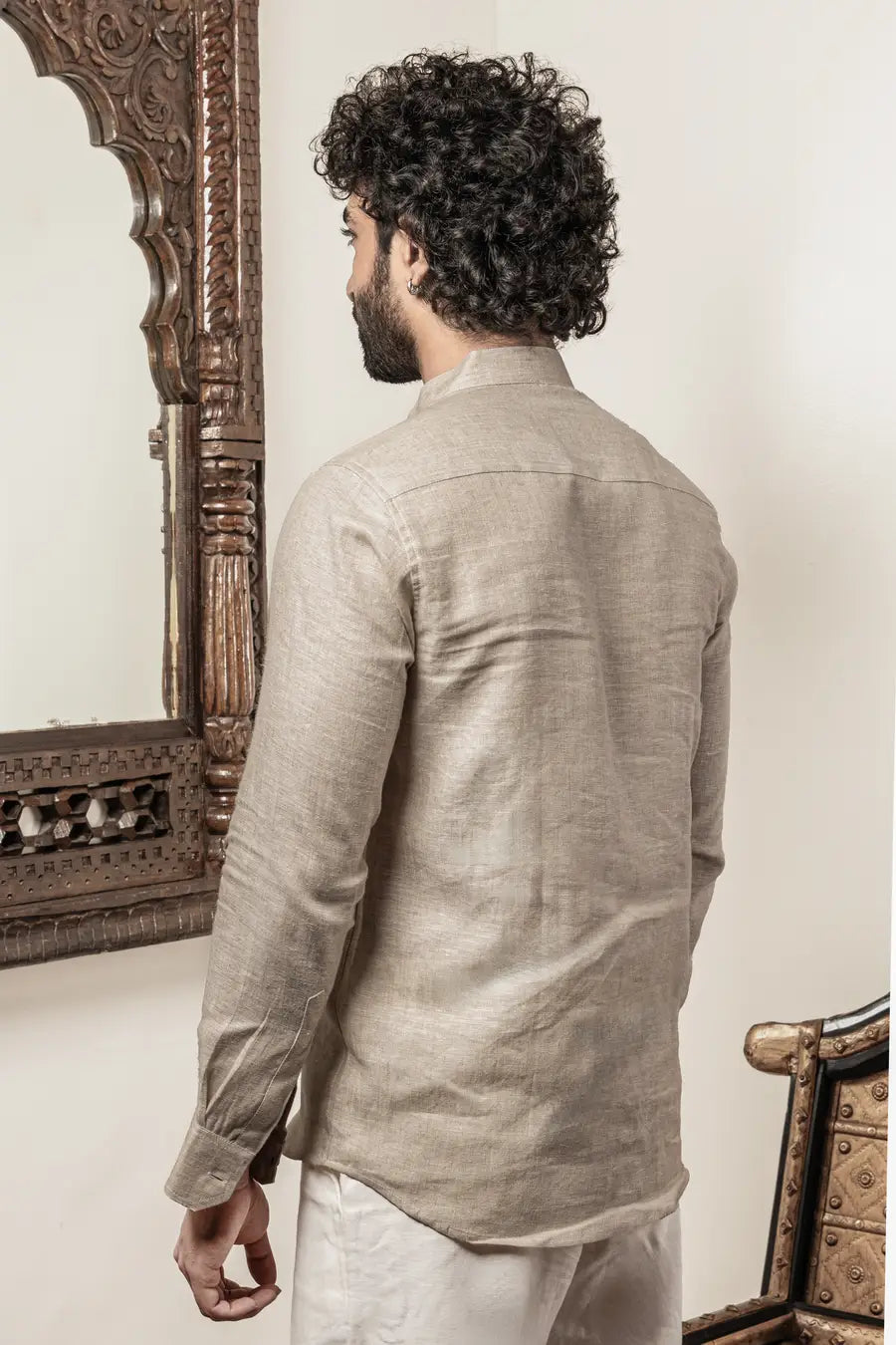 100% Linen Plain Natural Mandarin Collar Shirt