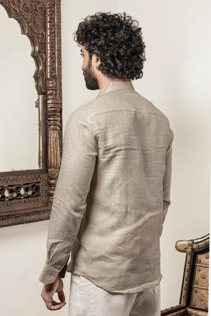 100% Linen Plain Natural Mandarin Collar Shirt