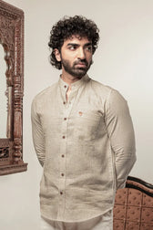 Full view of linen shirt with mandarin collar in natural tone