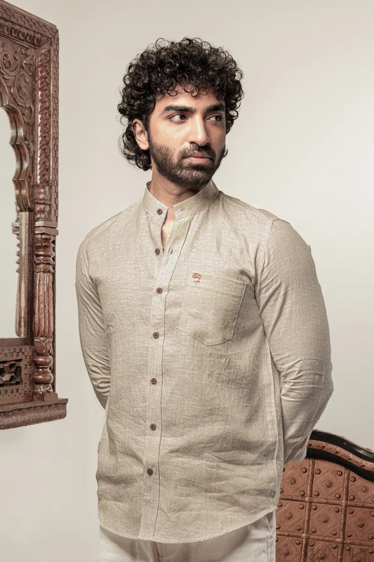 100% Linen Plain Natural Mandarin Collar Shirt