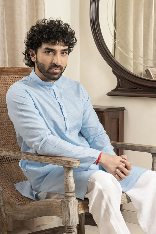 100% Linen Plain Sky Blue Mandarin Collar Long Kurta