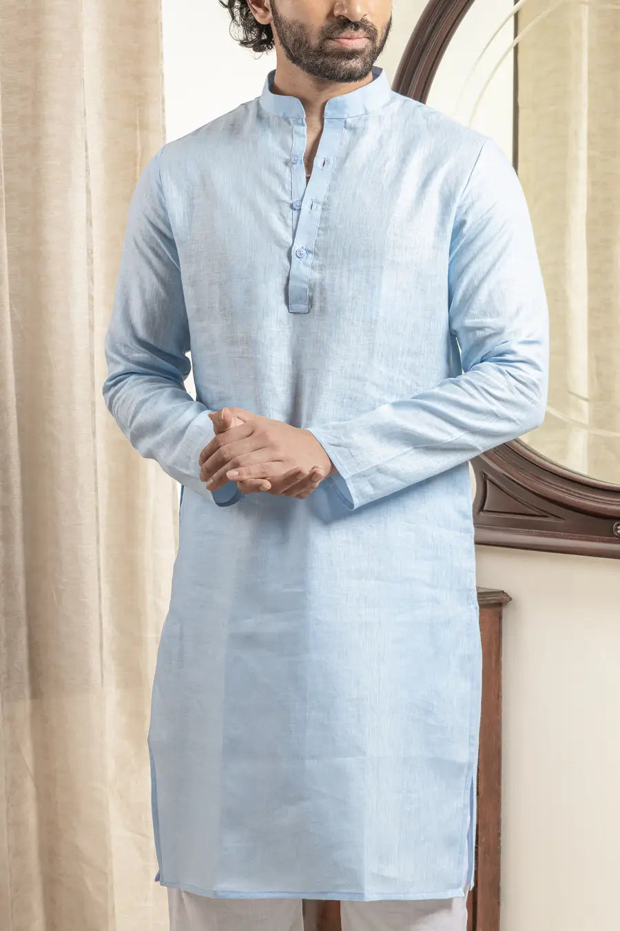 100% Linen Plain Sky Blue Mandarin Collar Long Kurta