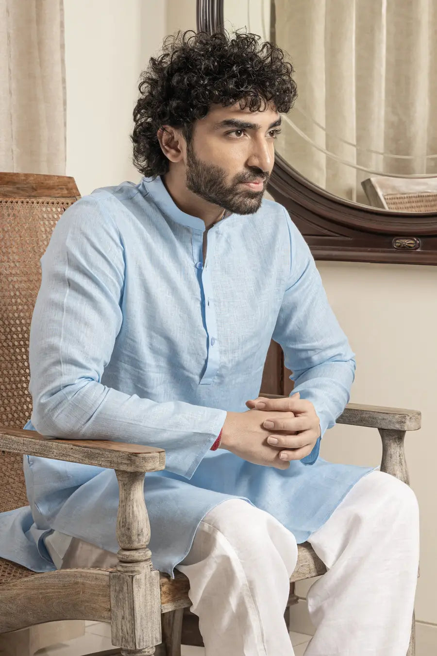 100% Linen Plain Sky Blue Mandarin Collar Long Kurta