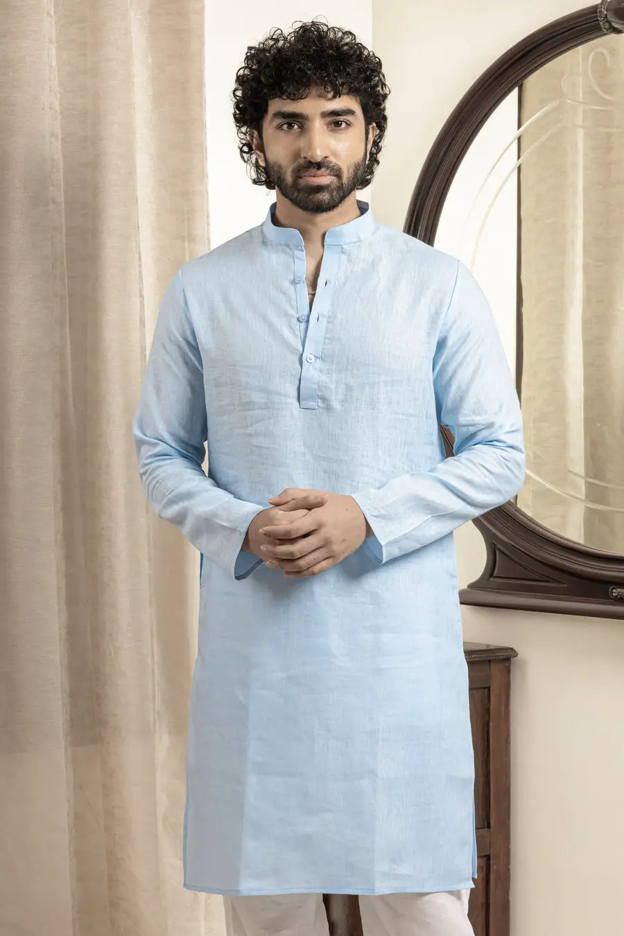 100% Linen Plain Sky Blue Mandarin Collar Long Kurta