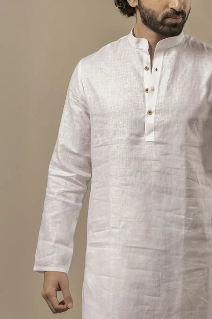 100% Linen Plain White Mandarin Collar Long Kurta