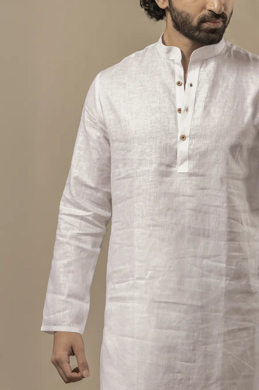 100% Linen Plain White Mandarin Collar Long Kurta