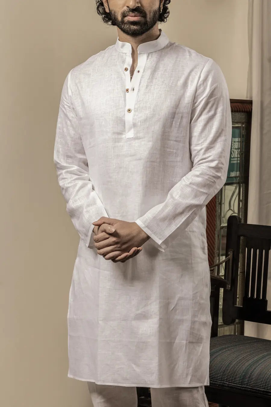 100% Linen Plain White Mandarin Collar Long Kurta