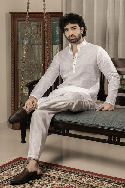 100% Linen Plain White Mandarin Collar Long Kurta