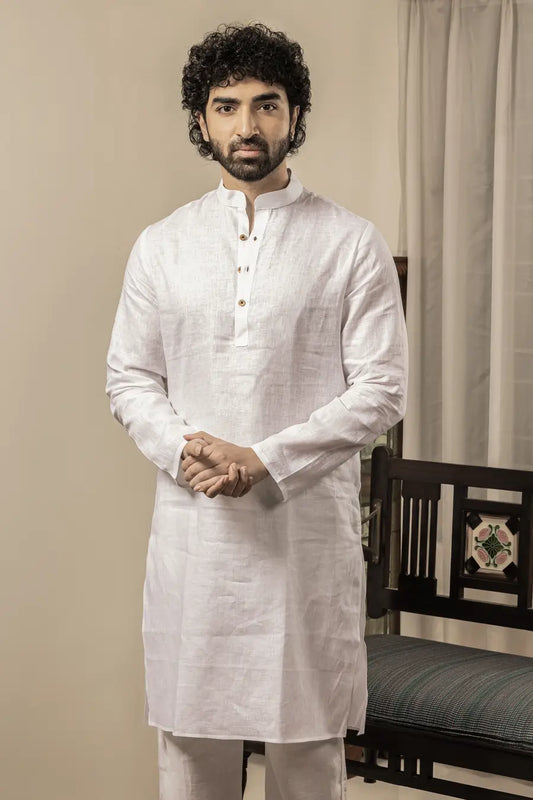 100% Linen Plain White Mandarin Collar Long Kurta