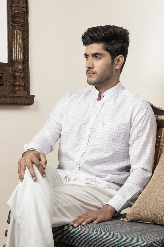 Cotton Linen Checked White Mandarin Collar Shirt