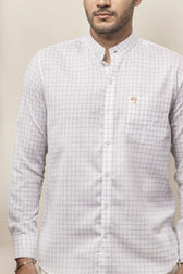 Side view of Cotton Linen Checked White Mandarin Collar Shirt