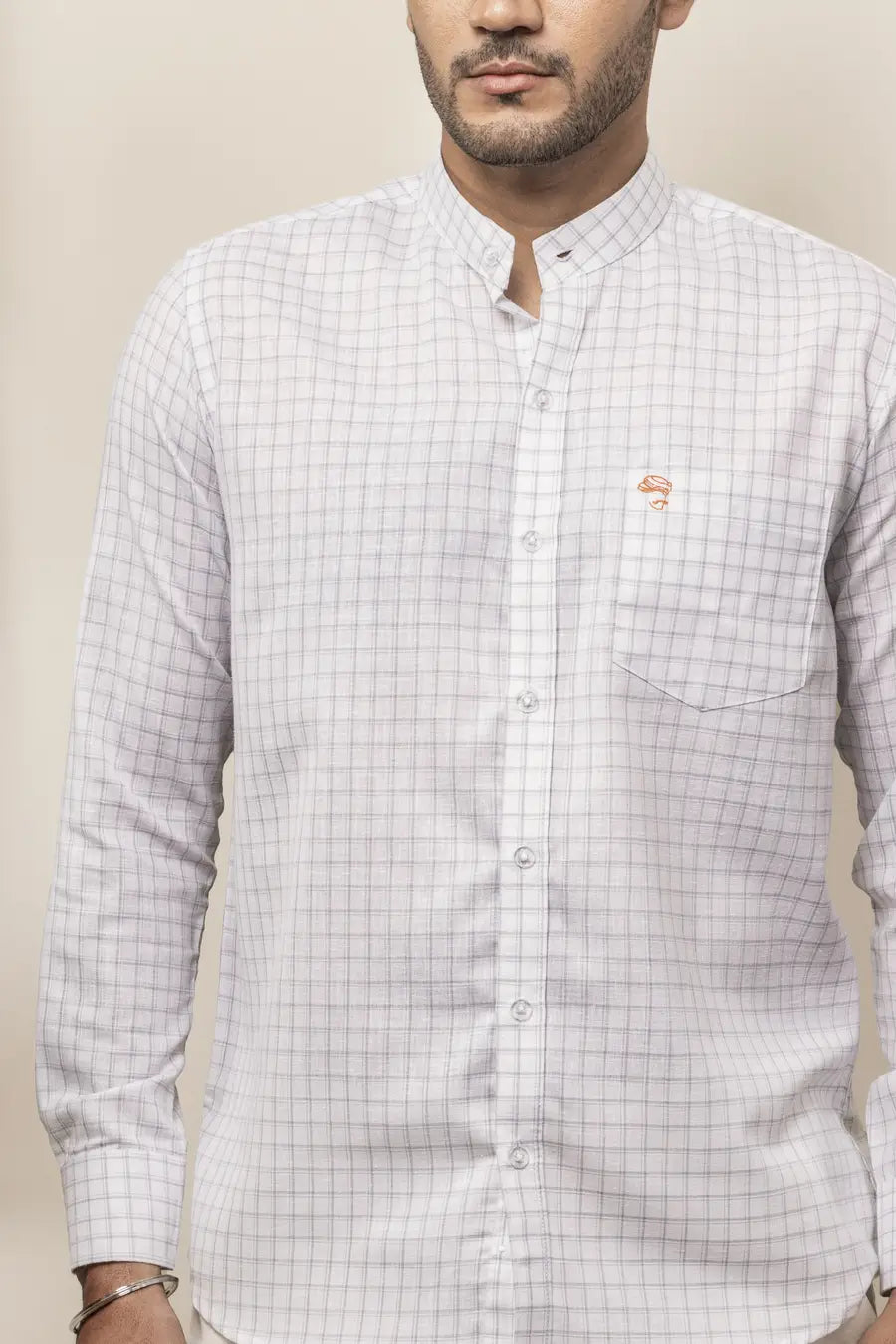 Cotton Linen Checked White Mandarin Collar Shirt