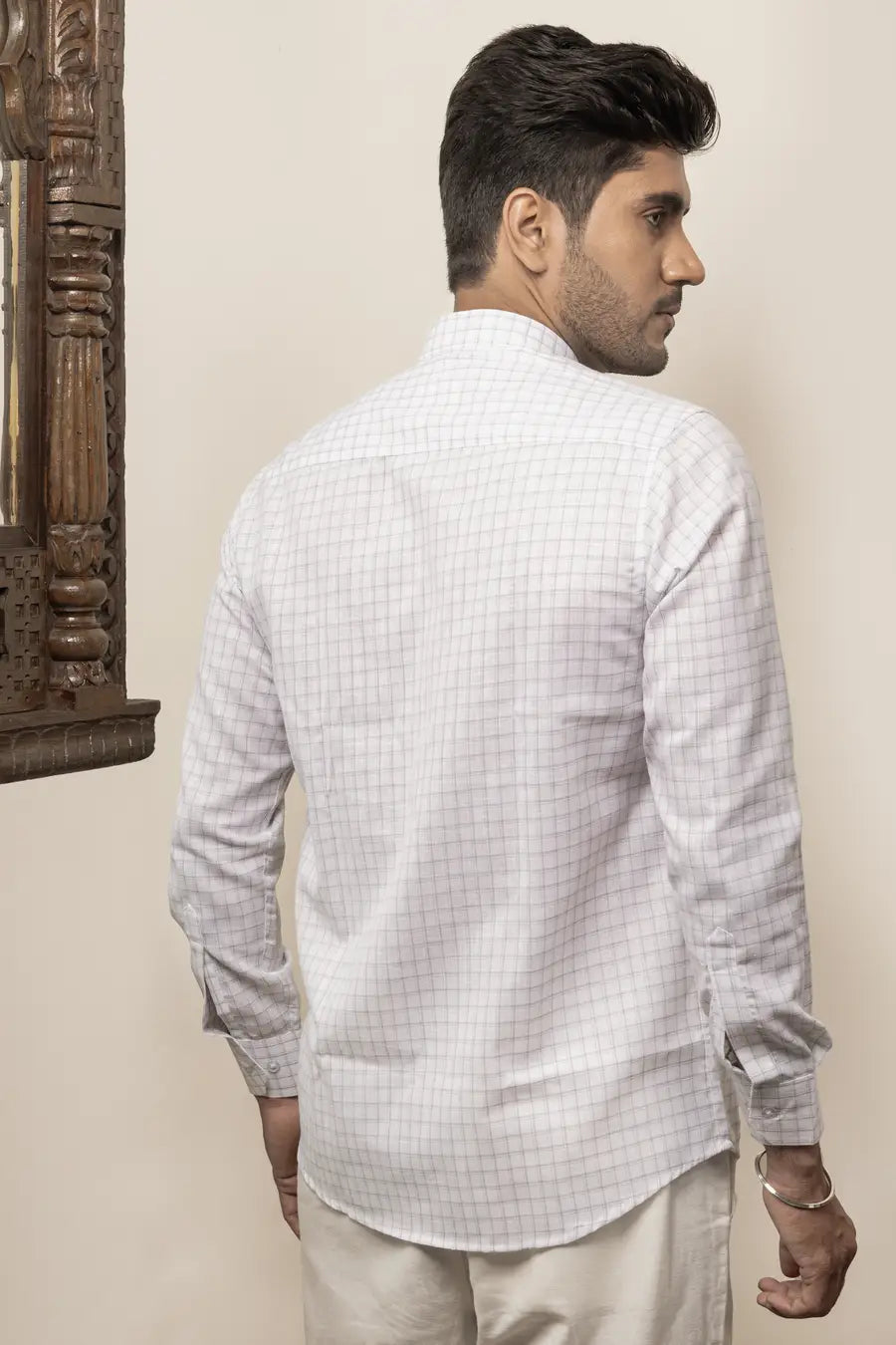 Cotton Linen Checked White Mandarin Collar Shirt