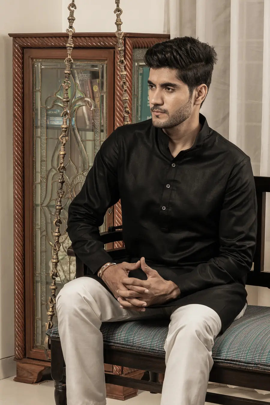 Cotton Linen Plain Black Mandarin Collar Long Kurta