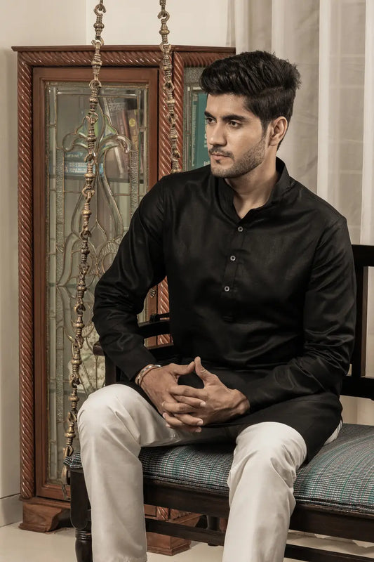 Cotton Linen Plain Black Mandarin Collar Long Kurta