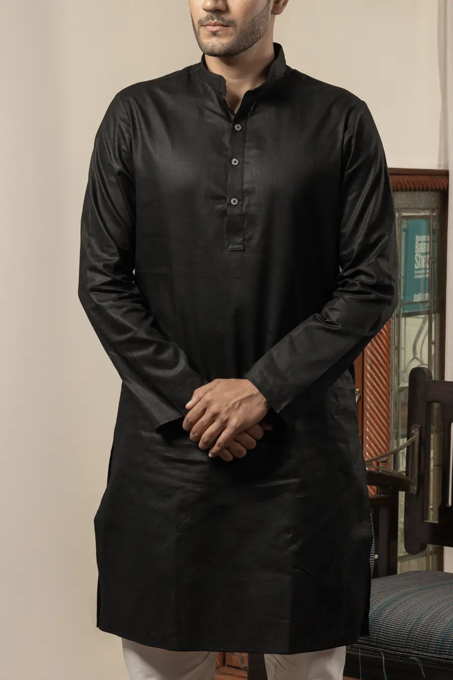Cotton Linen Plain Black Mandarin Collar Long Kurta