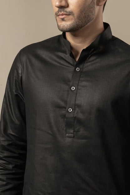 Cotton Linen Plain Black Mandarin Collar Long Kurta