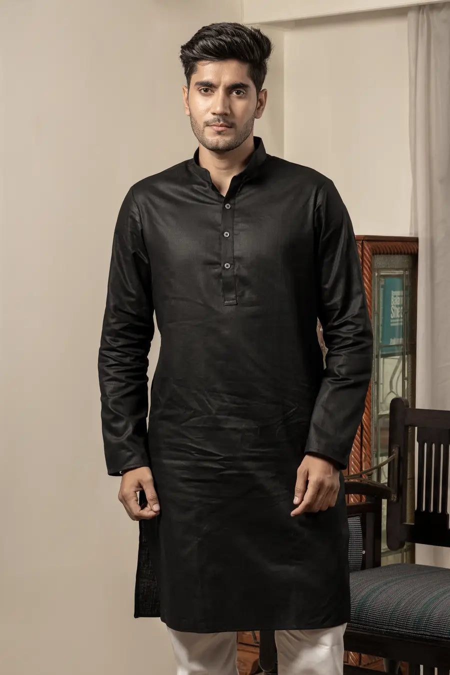 Cotton Linen Plain Black Mandarin Collar Long Kurta