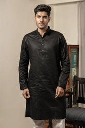 Front view of Black Cotton Linen Long Kurta with Mandarin collar
