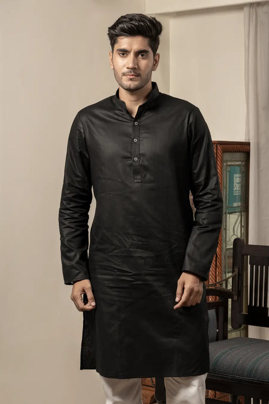 Cotton Linen Plain Black Mandarin Collar Long Kurta